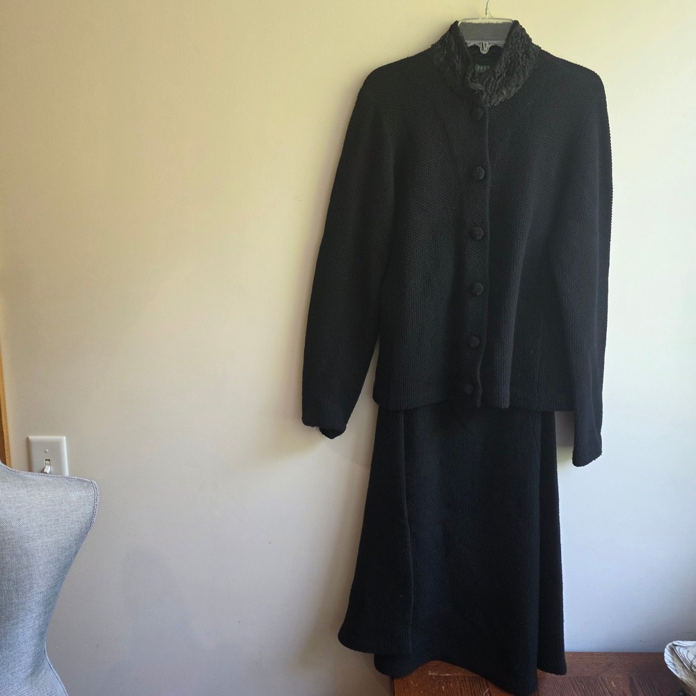 Lauren Ralph Lauren Lambswool Skirt Suit Black Faux Fur Collar XL L Old Money 90